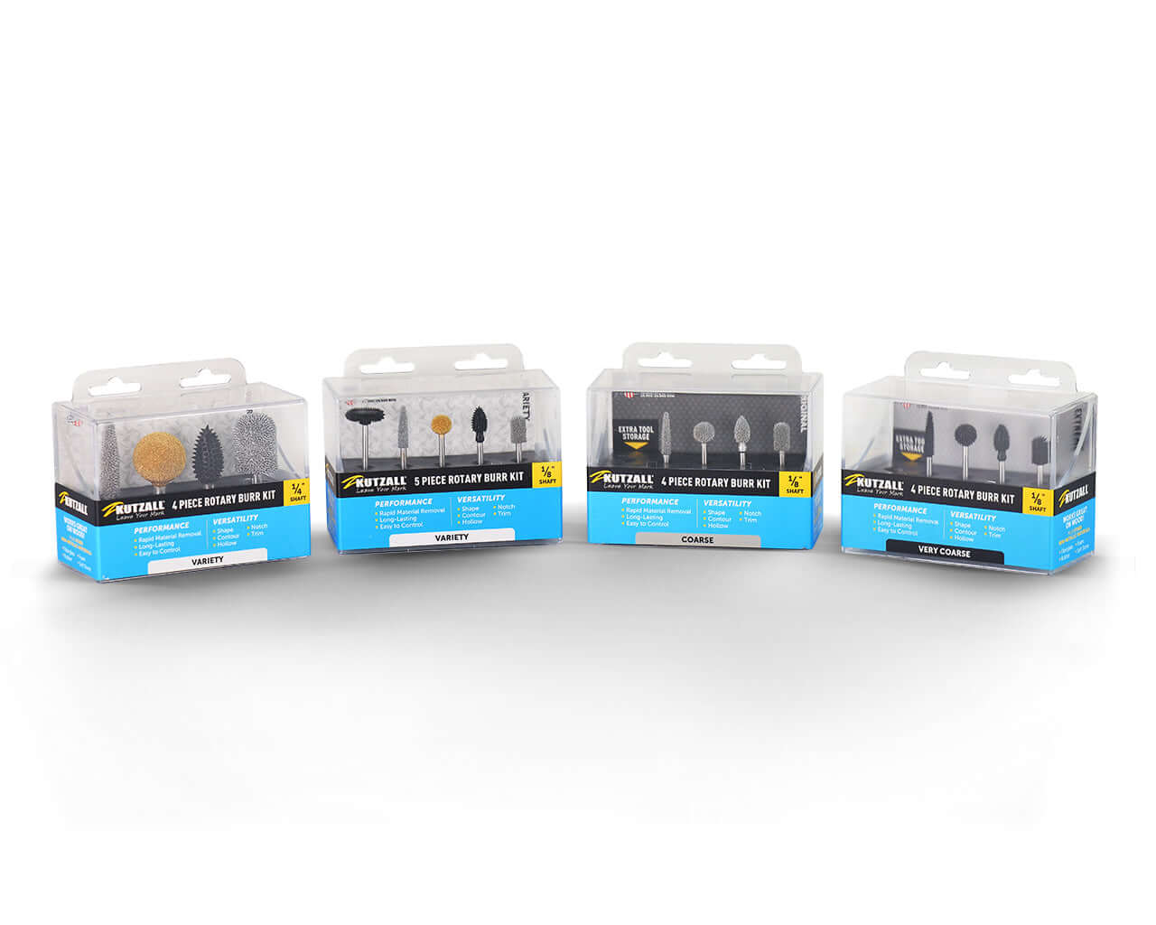 Four Kutzall 4-piece rotary burr kits in clear packaging, respectively 18CKIT01, 18XKIT01, 14VKIT01, 14VKIT01.