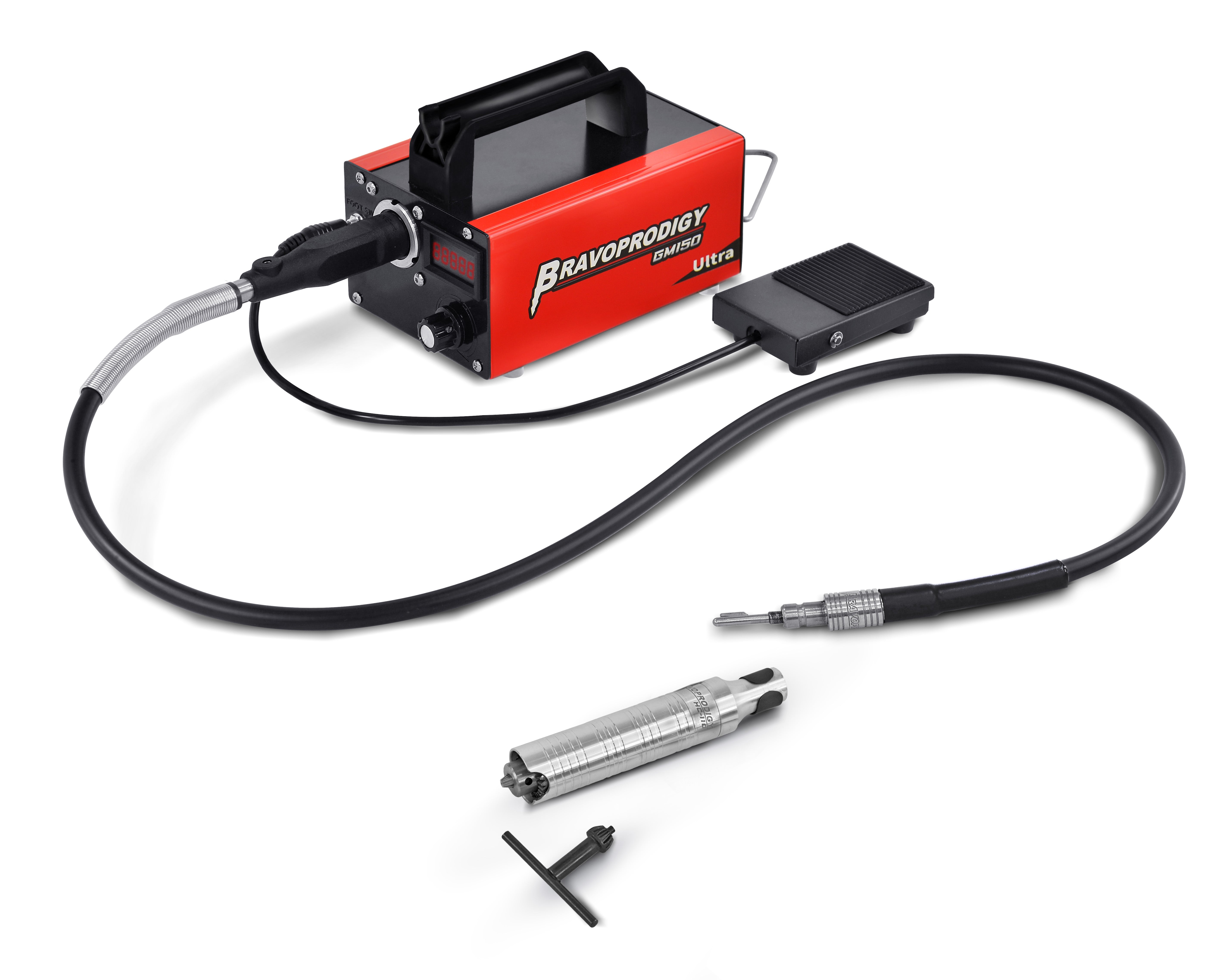 A BRAVOPRODIGY GM510 Ultra rotary tool kit featuring the main red control unit, flexible shaft, foot pedal, handpiece, and chuck key.