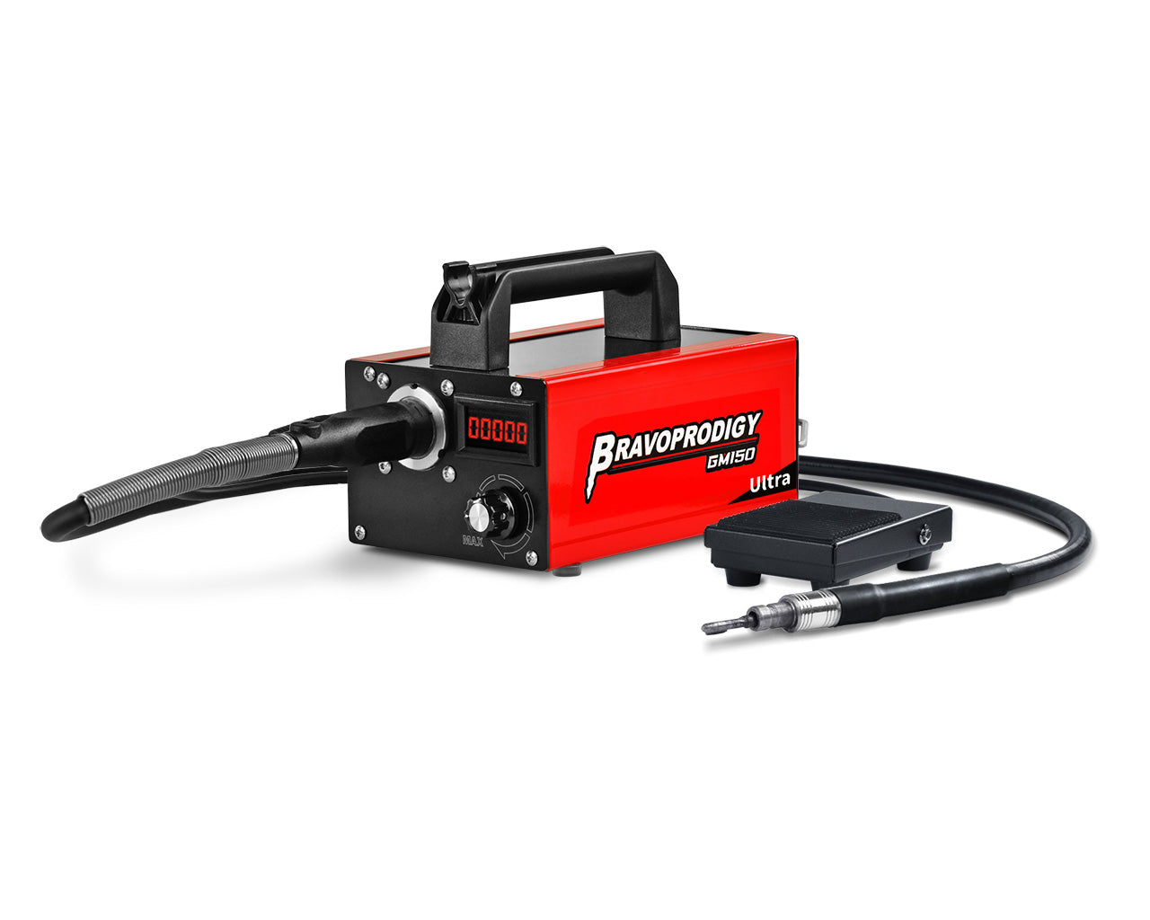 A BRAVOPRODIGY GM150 Ultra rotary tool unit in red with digital speed display, MAX control knob, flexible shaft, connected handpiece, and foot pedal.