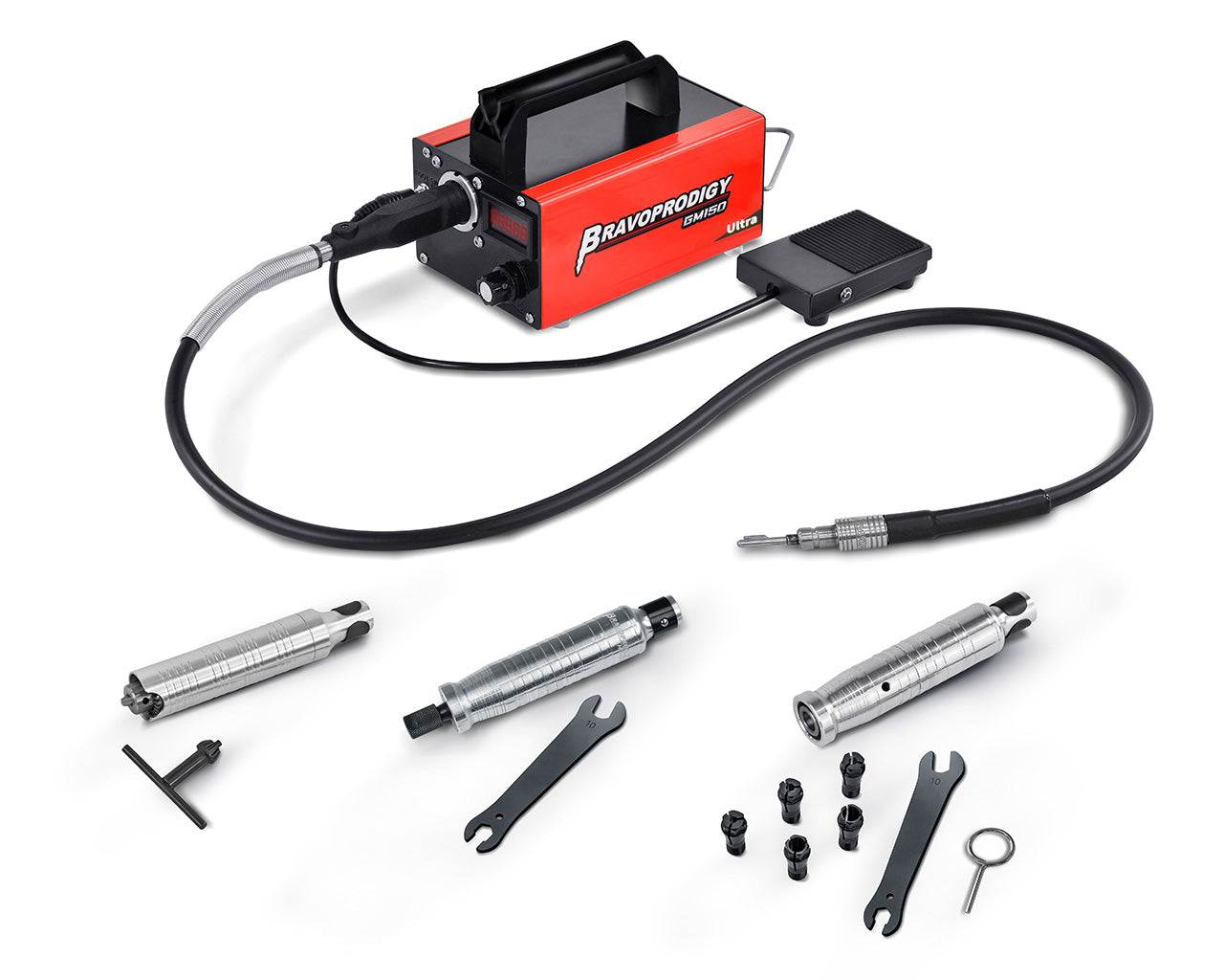 A BRAVOPRODIGY GM150 Ultra rotary tool set including the red control unit, foot pedal, flexible shaft, three handpieces HC110, HC120 HC130, collets, spanners, a chuck key, and accessory tools.