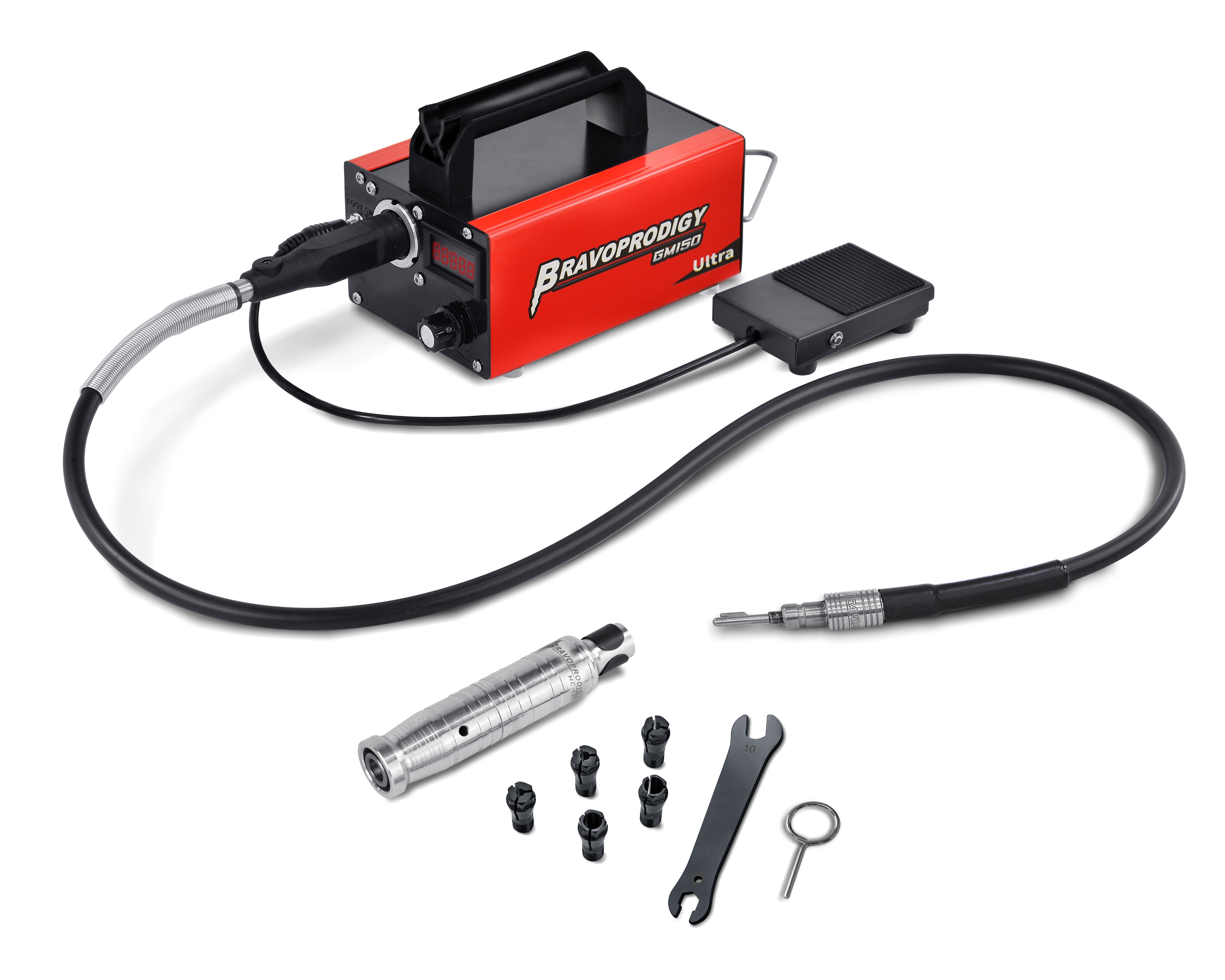 A BRAVOPRODIGY GM510 Ultra rotary tool set including the main red control unit, foot pedal, flexible shaft, handpiece, collets, spanner, and tool accessories.
