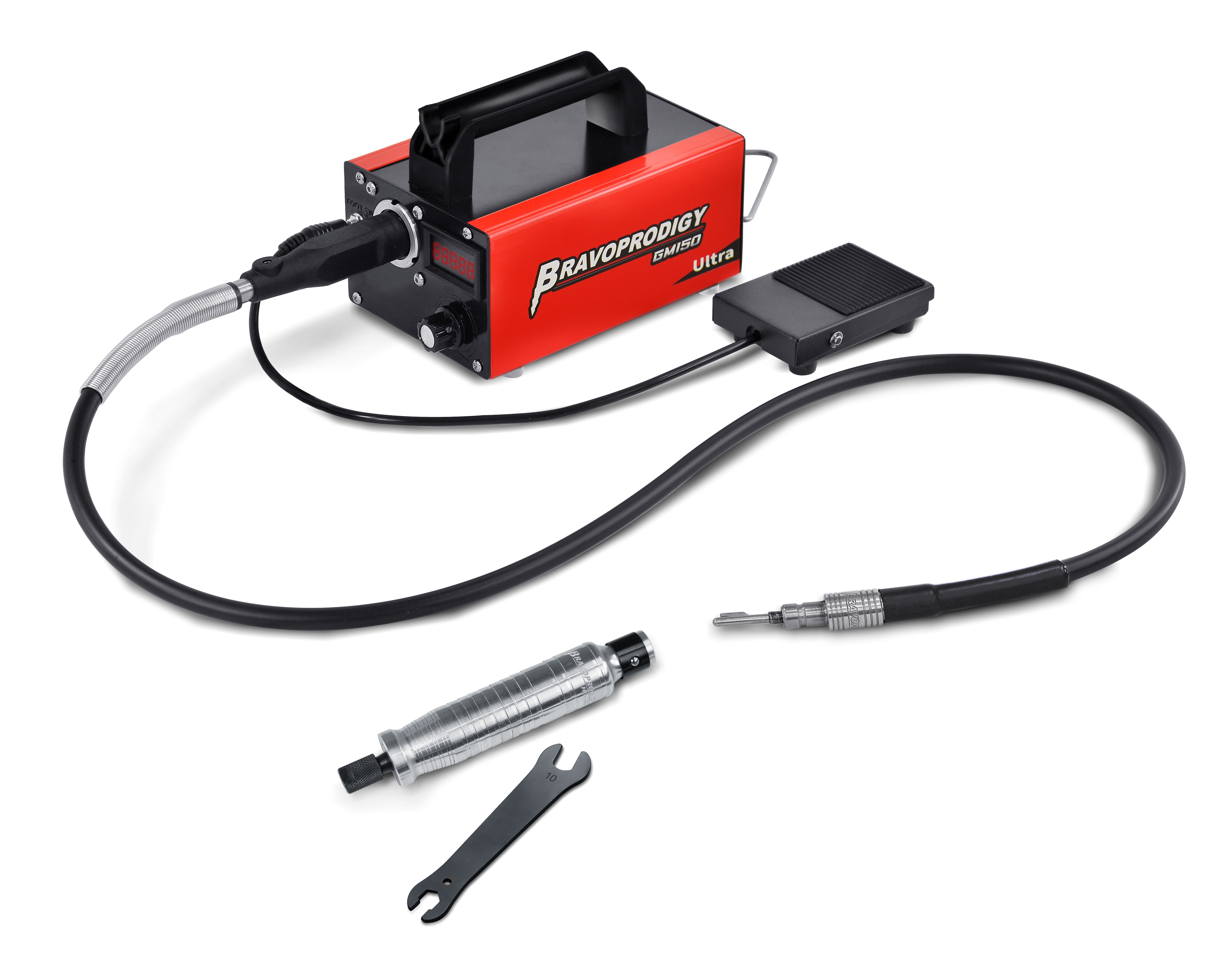 A BRAVOPRODIGY GM510 Ultra rotary tool kit including the red control unit, foot pedal, flexible shaft, handpiece, and wrench.