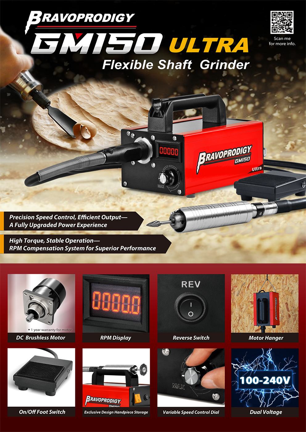 Promotional poster for the BRAVOPRODIGY GM150 Ultra Flexible Shaft Grinder showcasing the red power unit, foot pedal, and handpiece, with features like precision speed control, RPM display, reverse switch, brushless motor, and dual voltage compatibility visually highlighted.