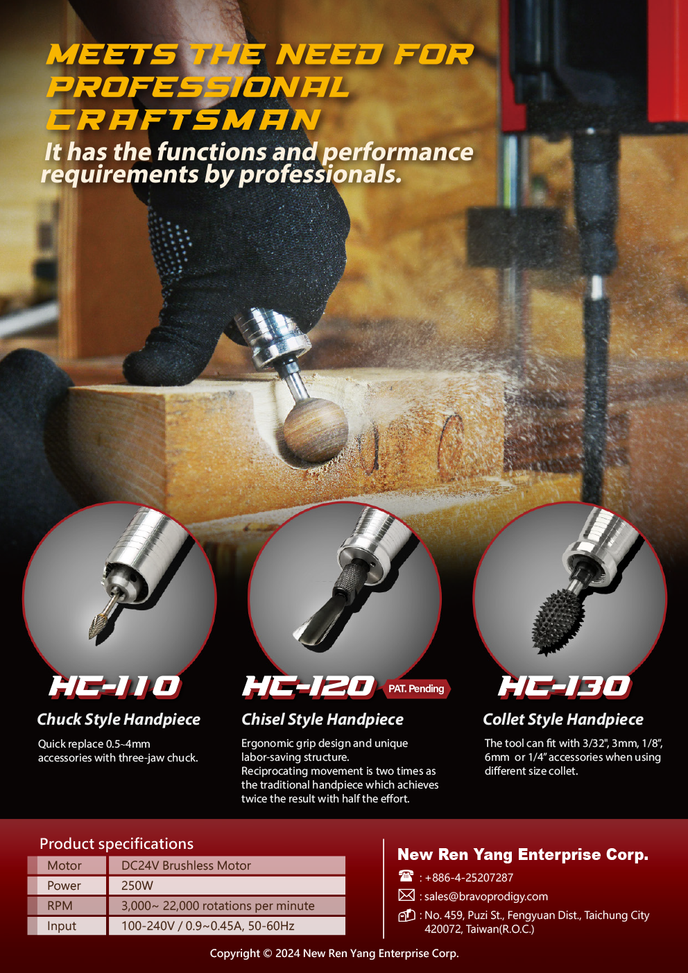 Promotional poster for BRAVOPRODIGY rotary handpieces showing three model—HC-110 Chuck Style, HC-120 Chisel Style, and HC-130 Collet Style—highlighting their functions and ideal applications, with product specifications listed below.