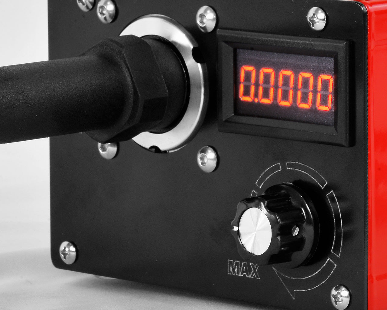 A close-up of the BRAVOPRODIGY CNC flexible shaft Grinder showing a digital display, a flexible shaft connector, and a rotary speed control knob labeled MAX.