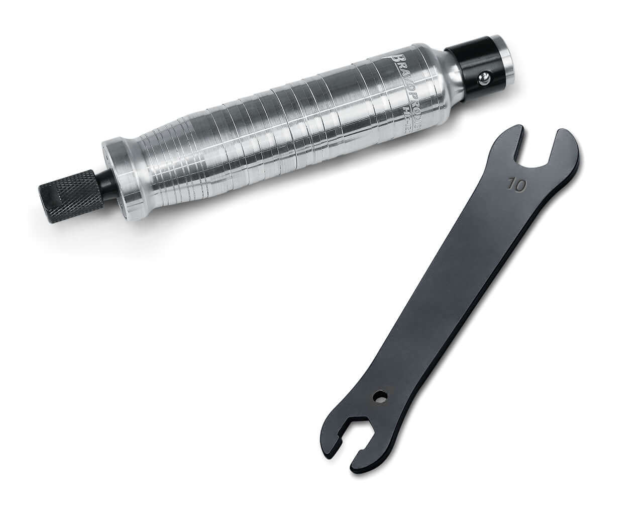A BRAVOPRODIGY H120 rotary tool handpiece with a ridged metal grip, shown beside a black spanner wrench labeled "10".