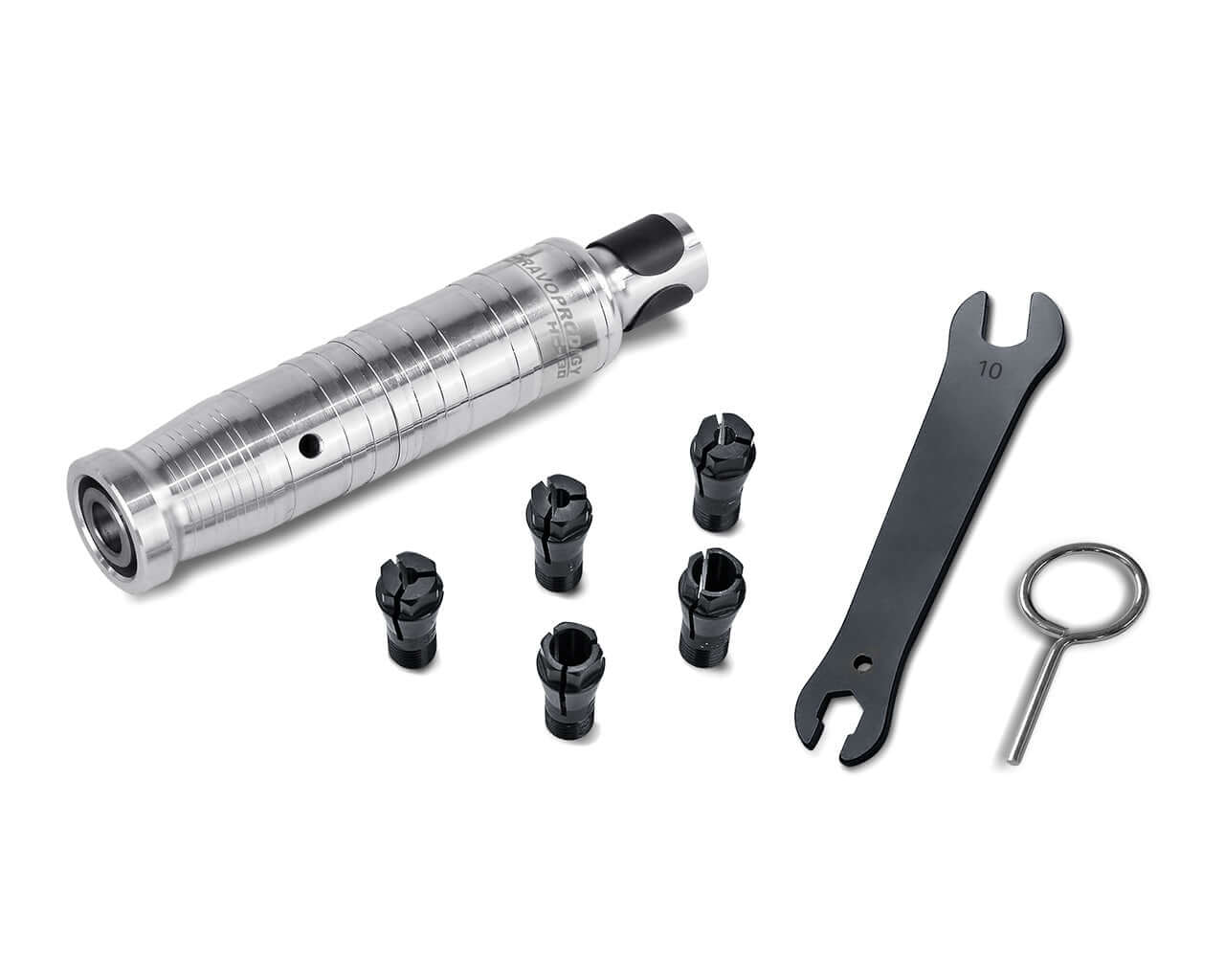 A BRAVOPRODIGY rotary handpiece displayed with six black collets, a black wrench marked "10", and a silver chuck key.