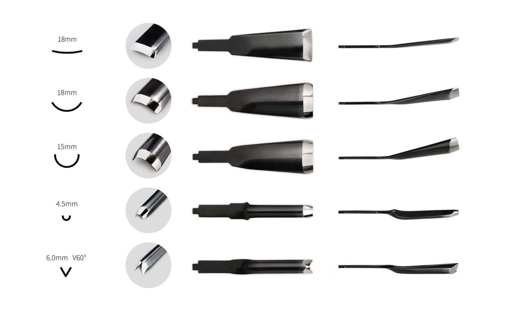 Set of precision engraving and carving chisels with various blade shapes and sizes, including flat, curved, V-groove, and U-groove tips for CNC or hand engraving machines.