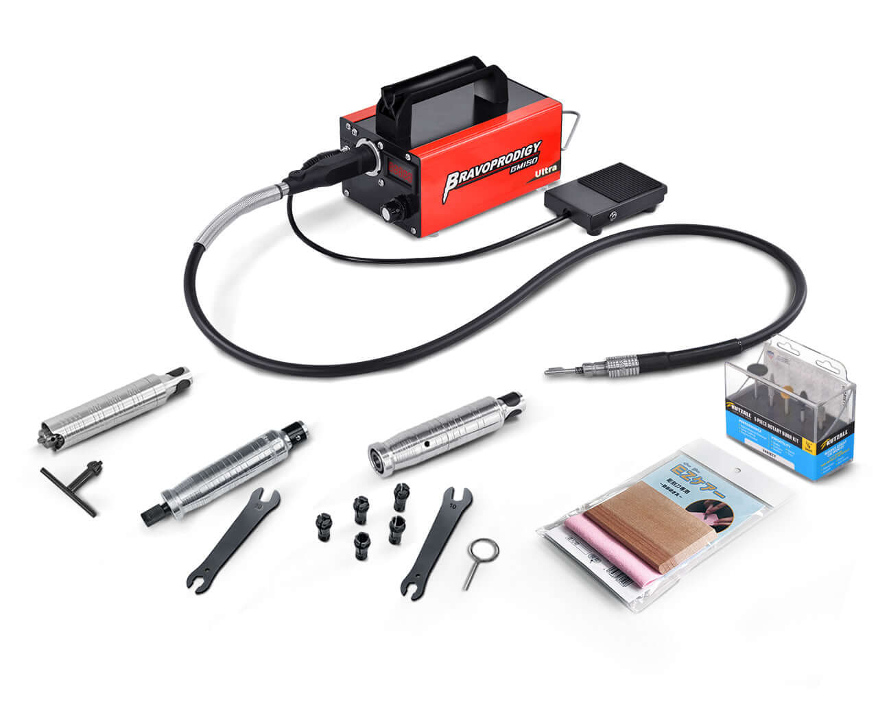 A BRAVOPRODIGY GM150 Ultra rotary tool complete kit with red control unit, foot pedal, flexible shaft, multiple handpieces, EZ（イージー）ケアー, collets, spanners, and Kutzall Burr Kits 18VKIT01.