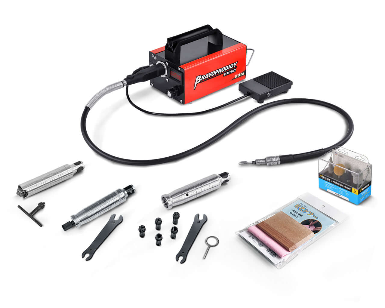 A BRAVOPRODIGY GM150 Ultra rotary tool complete kit with red control unit, foot pedal, flexible shaft, multiple handpieces, EZ（イージー）ケアー, collets, spanners, and Kutzall Burr Kits 14VKIT01.