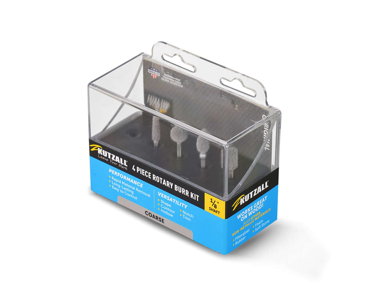 A Kutzall 4-piece rotary burr kit (18CKIT01) with 1/8’’ shaft in a clear case, labeled ‘Coarse’, ideal for shaping, smoothing, hollowing, and contouring wood, plastic, rubber, and soft stone.