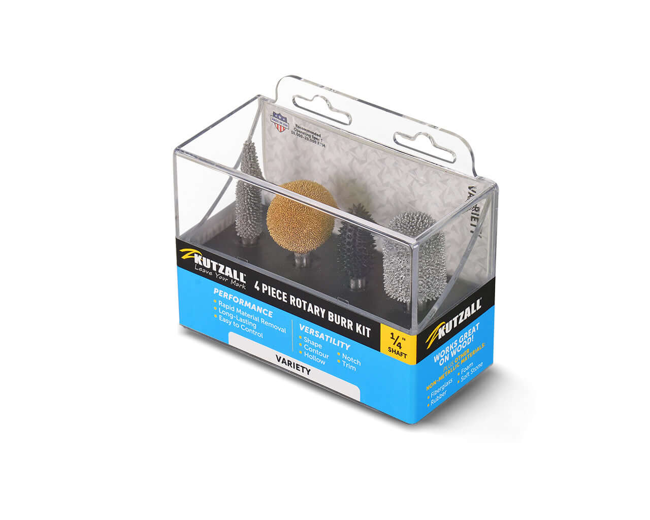 A Kutzall 4-piece rotary burr kit with 1/8’’ shaft in clear packaging, labeled ‘Variety’, featuring mixed burr shapes and textures for versatile carving, shaping, and smoothing on wood and soft materials.
