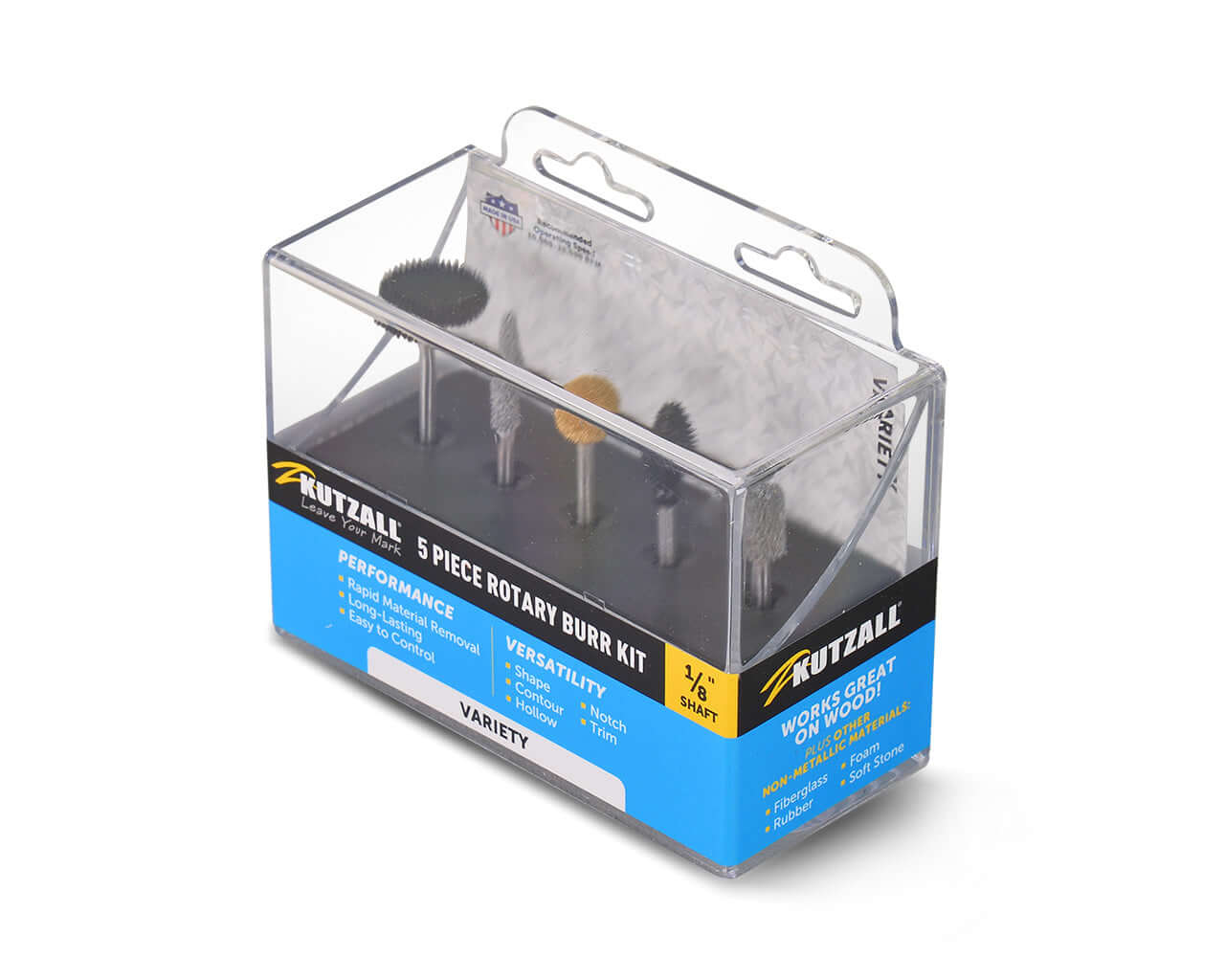 A Kutzall 4-piece rotary burr kit (18VKIT01) with 1/8’’ shaft in a clear case, labeled ‘Coarse’, ideal for shaping, smoothing, hollowing, and contouring wood, plastic, rubber, and soft stone.