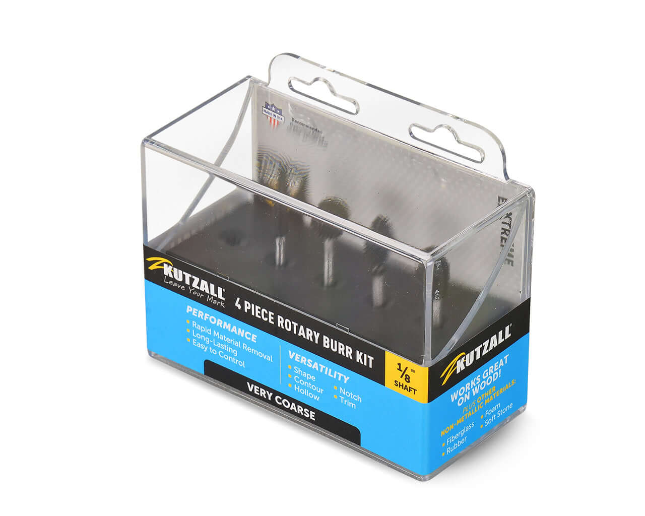 A Kutzall 4-piece rotary burr kit (18XKIT01) with 1/8’’ shaft in a clear plastic case, labeled ‘Very Coarse’ and designed for shaping, contouring, and material removal on wood, plastic, rubber, and soft stone.